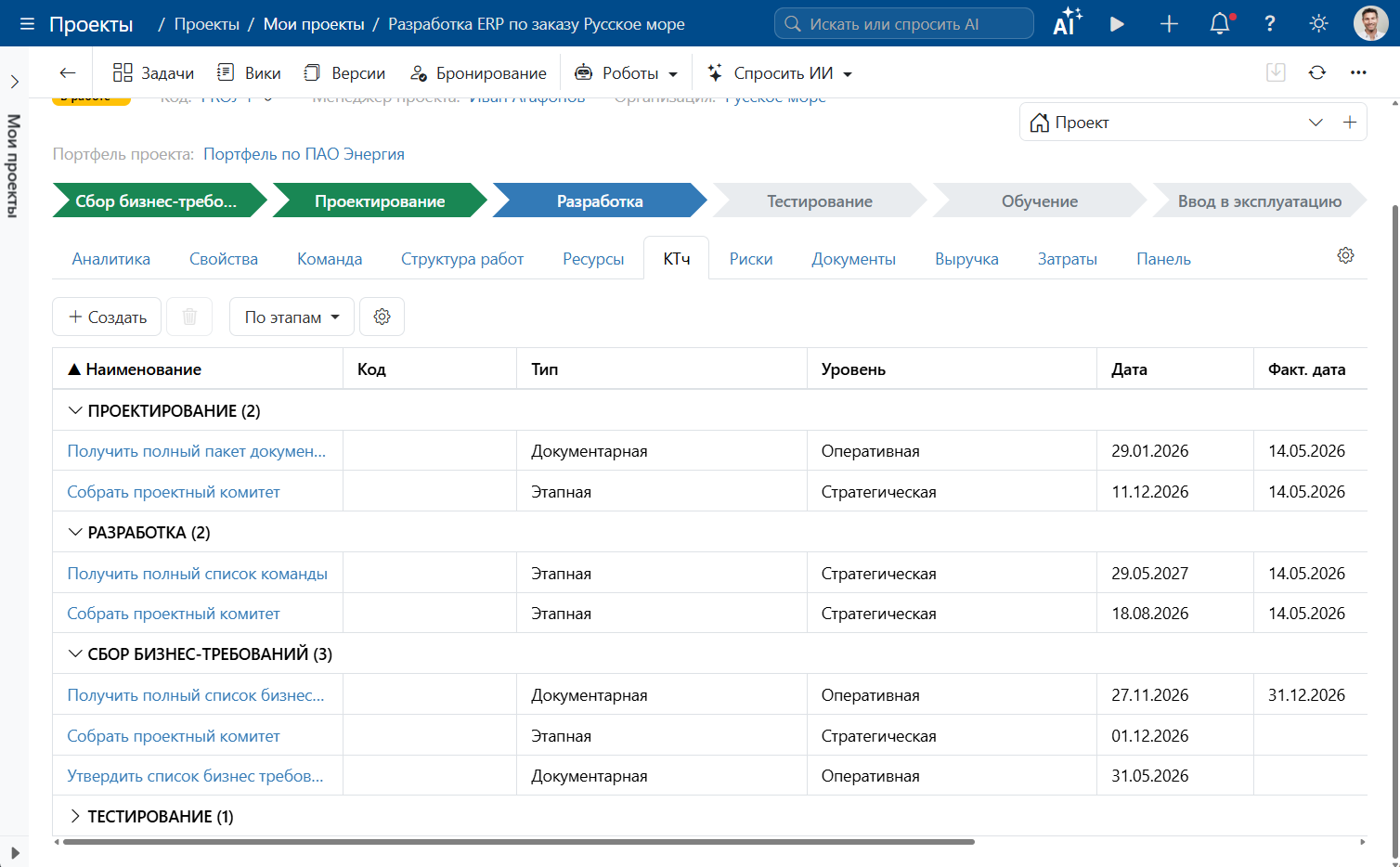Контрольные точки реализации проекта в Timetta