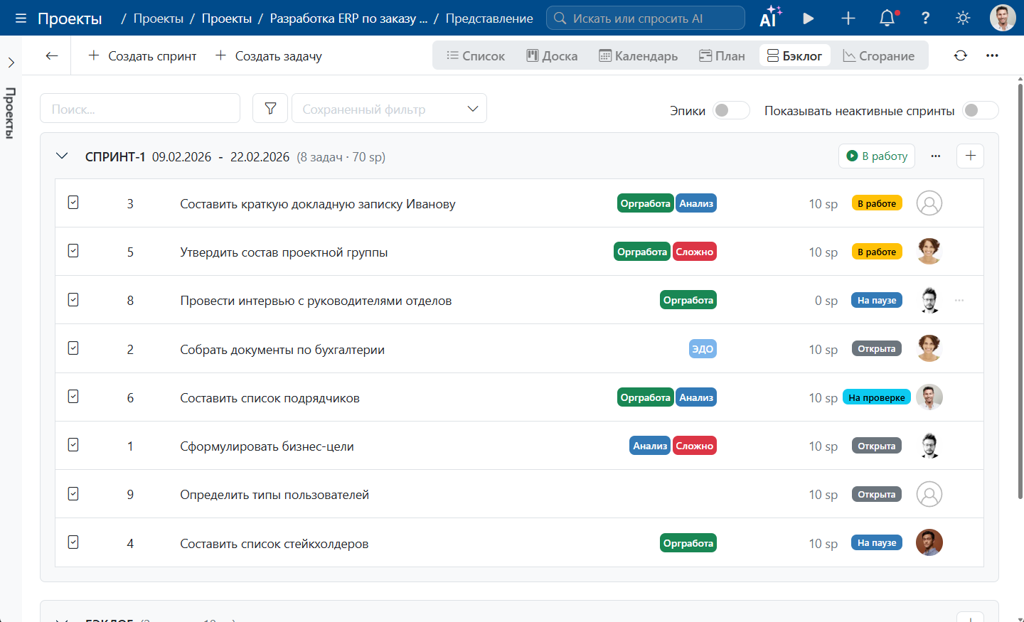 Спринты на Scrum-доске Timetta